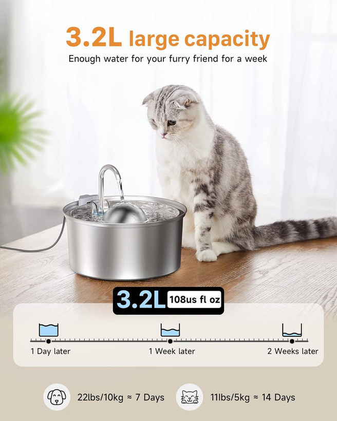 آبخوری خودکار سگ و گربه بدون آلرژی برند : QIUOIO مدل : sus 304 - 3.2 L 108 OZ S3