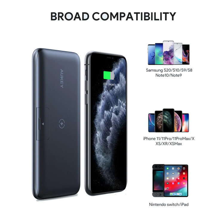 پاوربانک وایرلس با پایه تاشو 10000 میلی آمپر برند Aukey مدل PB-WL02