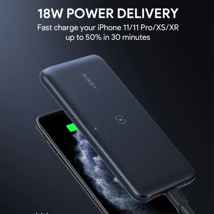 پاوربانک وایرلس با پایه تاشو 10000 میلی آمپر برند Aukey مدل PB-WL02