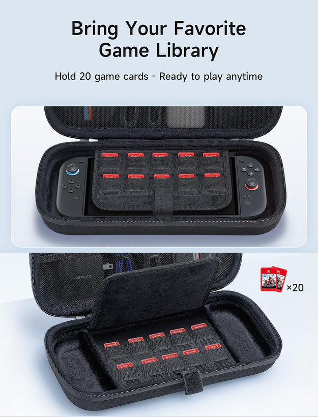 کیف حمل هاردشل برند JSAUX مخصوص Nintendo Switch 2 ظرفیت 20 کارت بازی، مشکی
