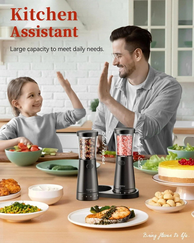 ست آسیاب نمک و فلفل برقی با پایه نگهدارنده برند TOMEEM مدل شارژی